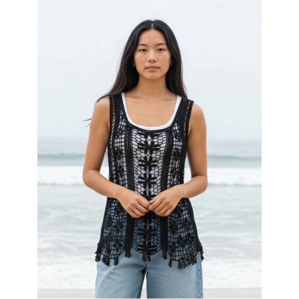 Mimi Chica -Black Crochet Tank Top with Fringe Sz M